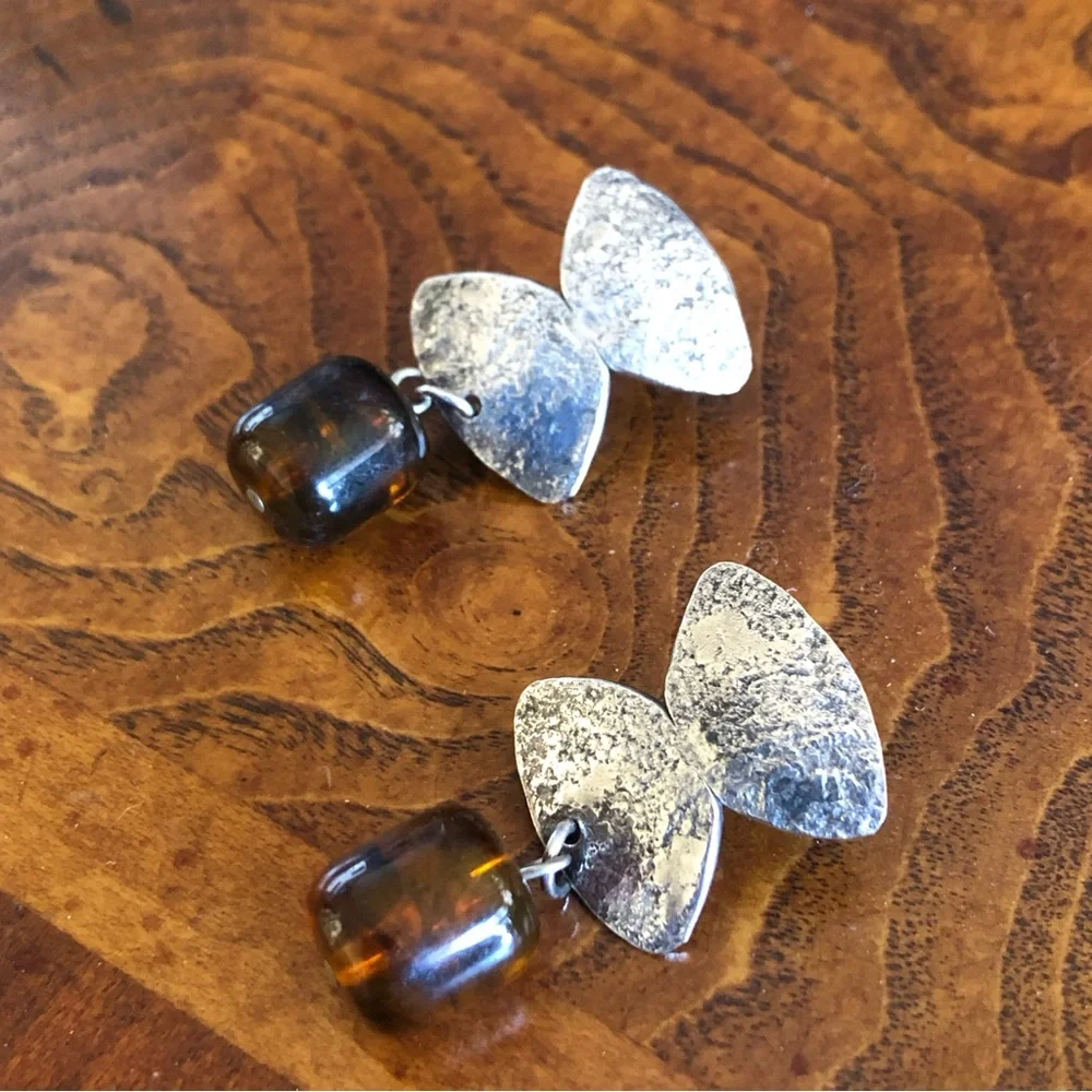 Marjorie Baer modernist textured sterling silver amber dangle earrings